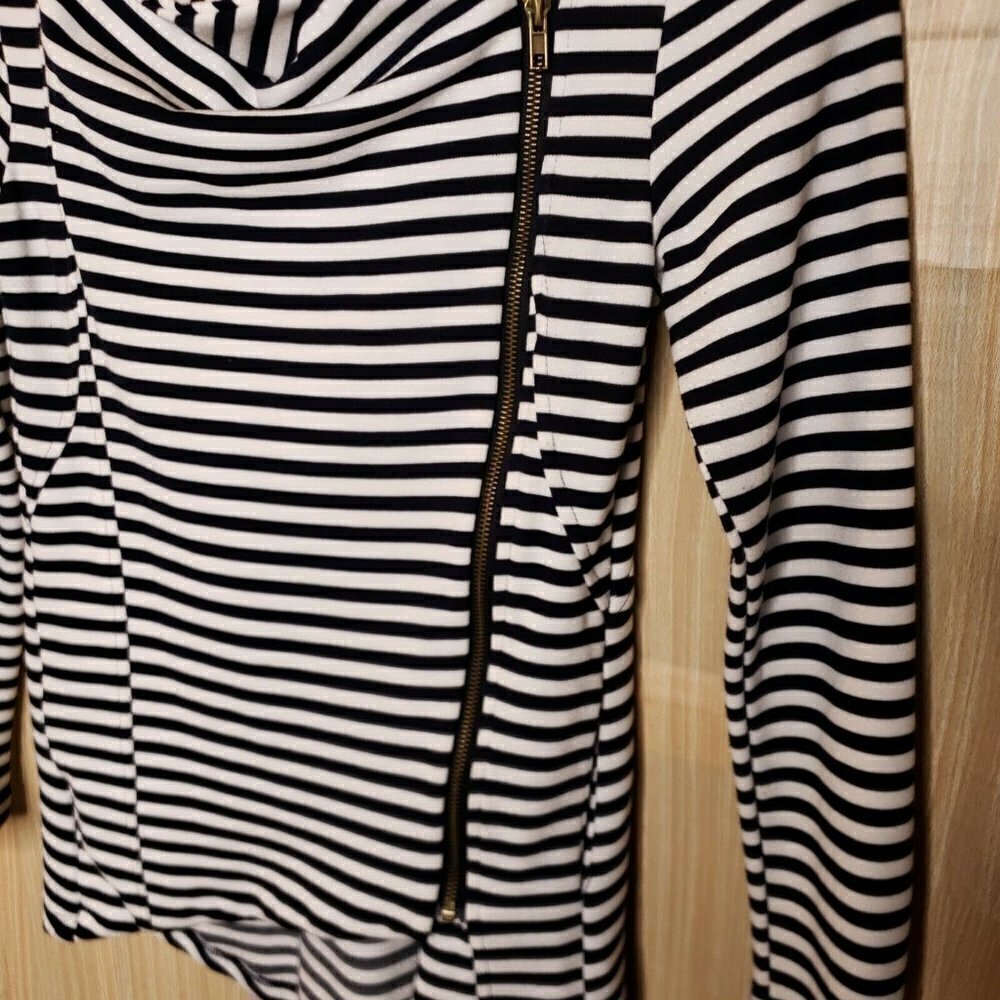 My Beloved Black White Stripe High Low Side Zip Lightweight Knit Jacket … - Picture 6 of 10